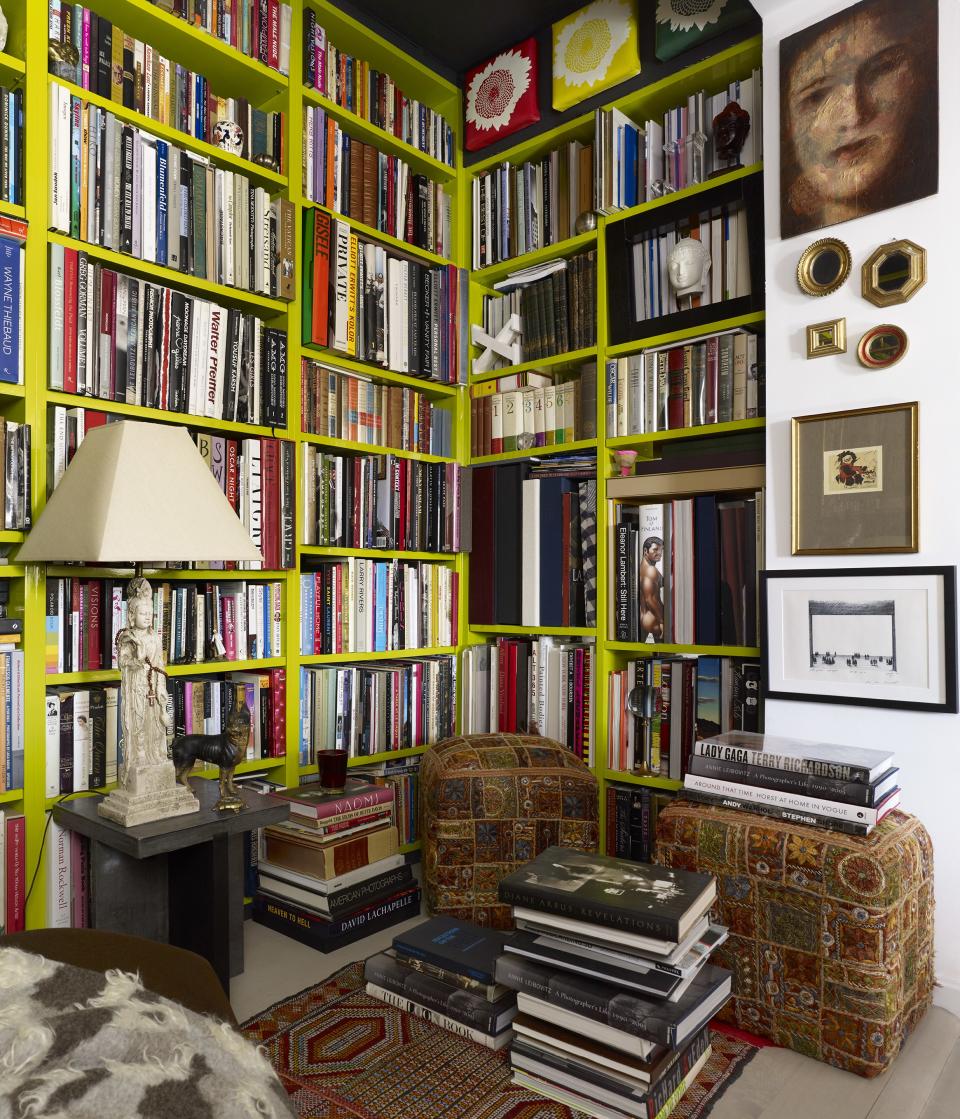 “The lime green paint on my bookshelves was inspired by a similar shade I had seen on one of my trips to Paris. It’s super, super high-gloss,” says Barrett. “The books are an obsession.”
