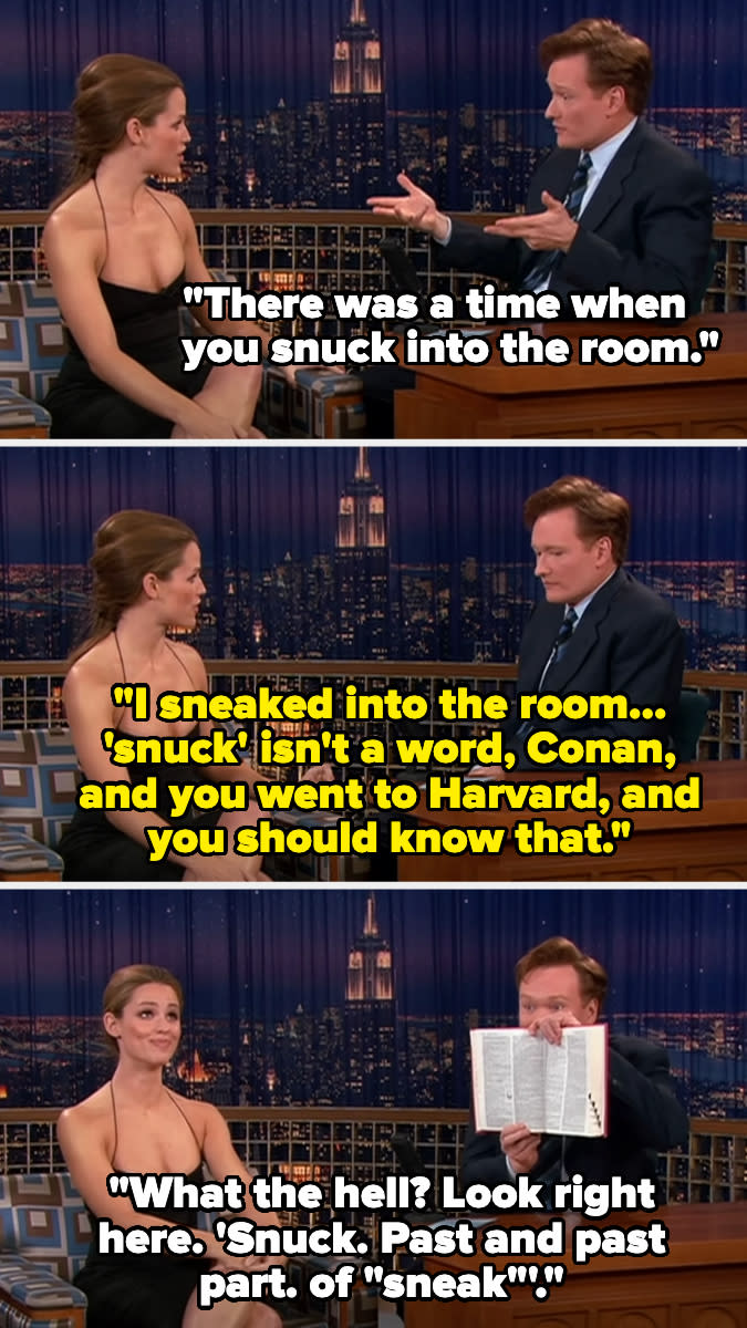 Talk show host Conan O'Brien and actress Jennifer Lawrence seated, engaged in humorous banter with text bubbles