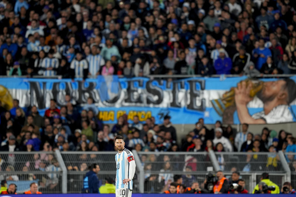 Argentina's Lionel Messi stands on the field during a qualifying soccer match for the FIFA World Cup 2026 against Paraguay at the Monumental stadium in Buenos Aires, Argentina, Thursday, Oct. 12, 2023. (AP Photo/Natacha Pisarenko)