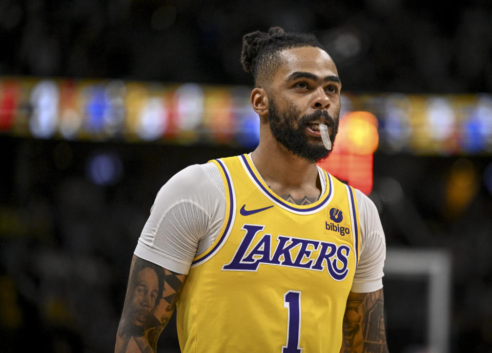 DENVER, CO - APRIL 22: D'Angelo Russell (1) of the Los Angeles Lakers chews his mouthpiece  possibly in hopes of channeling Stephen Curry  during the fourth quarter of the Denver Nuggets' 101-99 win at Ball Arena in Denver on Monday, April 22, 2024. (Photo by AAron Ontiveroz/The Denver Post)