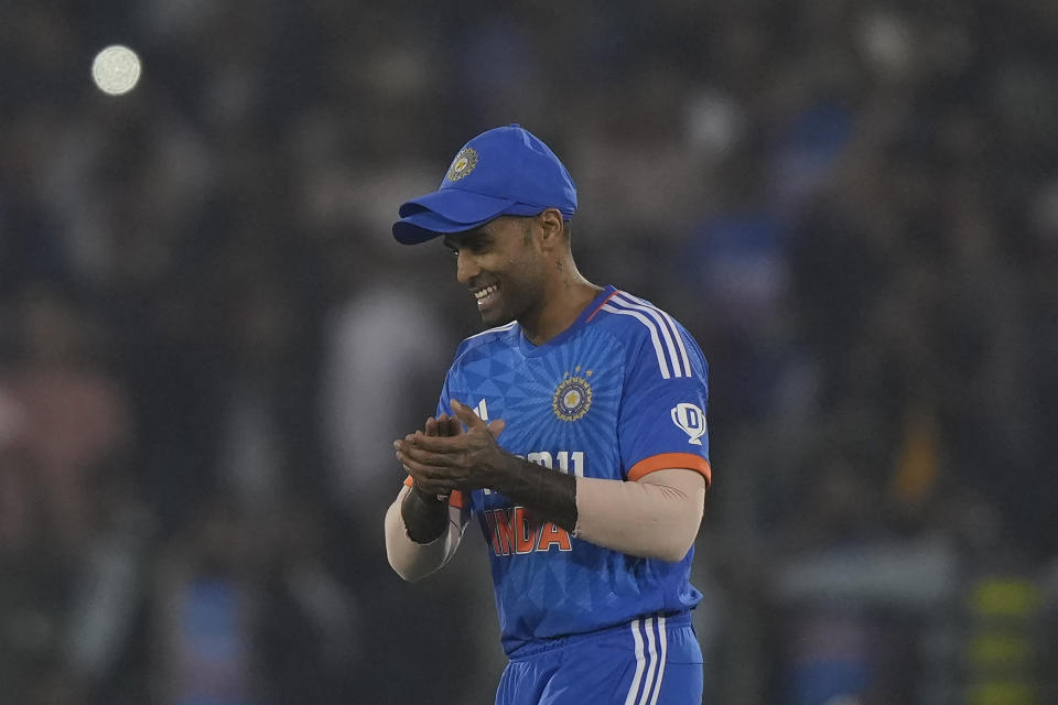 India's captain Suryakumar Yadav celebrates the win in the fourth T20 cricket match between Australia and India in Raipur, India, Friday, Dec. 1, 2023. (AP Photo/Mahesh Kumar A.)