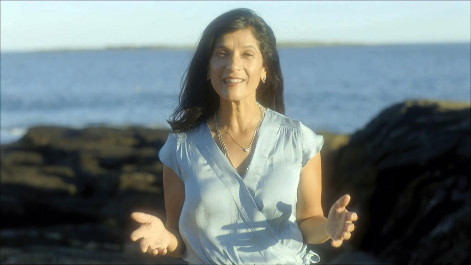 In this image from video, Sara Gideon, Speaker of the Maine House of Representatives, speaks from Scarborough, Maine, during the first night of the Democratic National Convention on Monday, Aug. 17, 2020. (Democratic National Convention via AP)