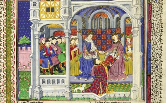 An illustration to the 1444-5 'Shrewsbury Book' showing Margaret of Anjou receiving the book itself - British Library