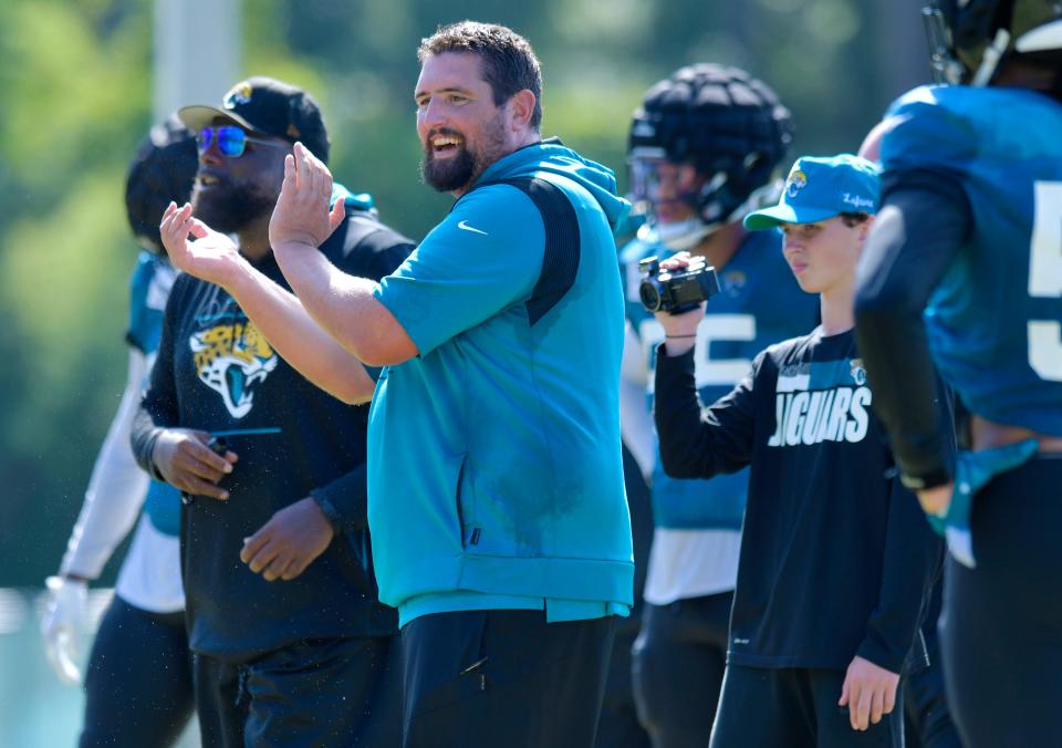 Jaguars Offensive line coach Phil Rauscher during one-on-one drills at Monday's training camp. The Jacksonville Jaguars held training camp Monday, August 1, 2022, at the Episcopal School of Jacksonville Knight Campus practice fields on Atlantic Blvd.