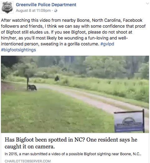 Police in the US post warning to people about not shooting 'Bigfoot' after sighting of big animal 