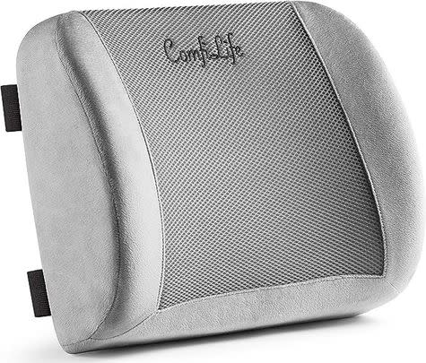 A square memory foam lumbar pillow with dual elastic straps