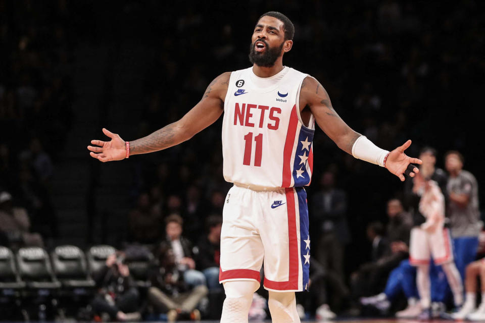 Oct 29, 2022; Brooklyn, New York, USA;  Brooklyn Nets guard Kyrie Irving (11) argues a call in the third quarter against the Indiana Pacers at Barclays Center. Mandatory Credit: Wendell Cruz-USA TODAY Sports