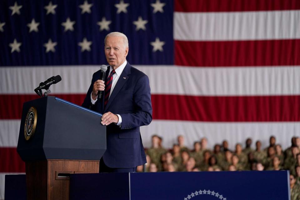 PHOTO: President Joe Biden speaks at Joint Base Elmendorf-Richardson to mark the anniversary of the Sept. 11 terrorist attacks, Sept. 11, 2023, in Anchorage, Alaska. (Evan Vucci/AP)