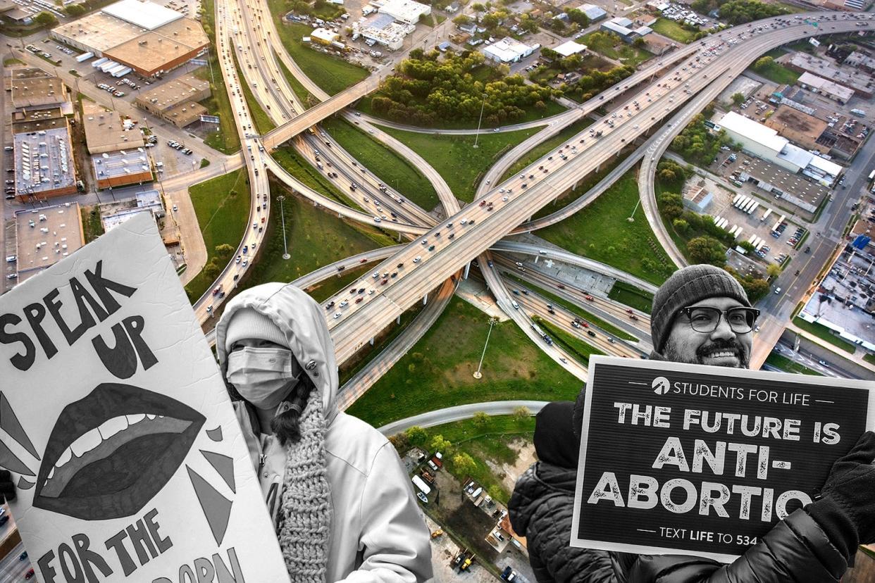 Abortion protesters overlaid on an aerial image of a Texas spaghetti junction.