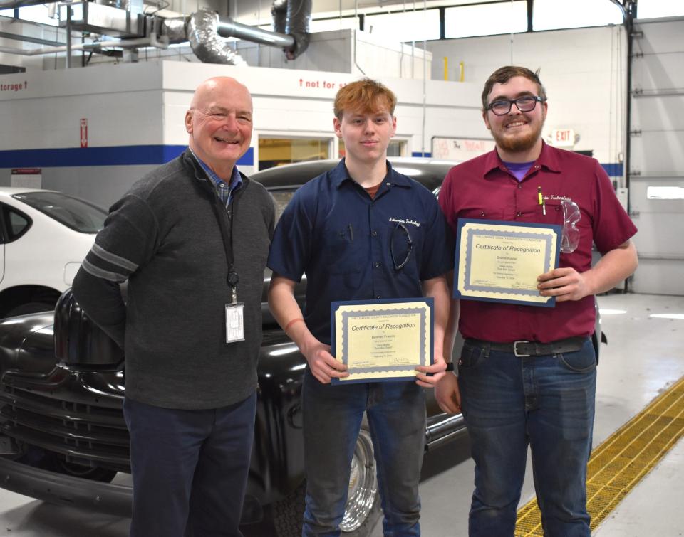 Pictured from left to right are John Wanke with the Lenawee County Education Foundation, Tecumseh's Bennett Francis and Blissfield's Shane Kastel. Francis and Kastel were two of five students in the Automotive Services Technology (AST) program at the Lenawee Intermediate School District (LISD) Tech Center to receive a $1,000 grant to purchase an automotive toolbox and basic tool kit.