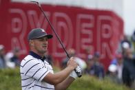 Team USA's Bryson DeChambeau hits a shot on the first hole during a practice day at the Ryder Cup at the Whistling Straits Golf Course Tuesday, Sept. 21, 2021, in Sheboygan, Wis. (AP Photo/Charlie Neibergall)