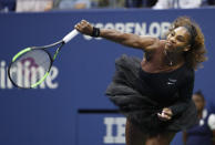 FILE - In this Sept. 8, 2018, file photo, Serena Williams serves to Naomi Osaka, of Japan, during the women's final of the U.S. Open tennis tournament in New York. Williams is ranked No. 8 heading into the U.S. Open, where she has won six of her 23 Grand Slam singles titles and was the runner-up a year ago. (AP Photo/Adam Hunger, File)