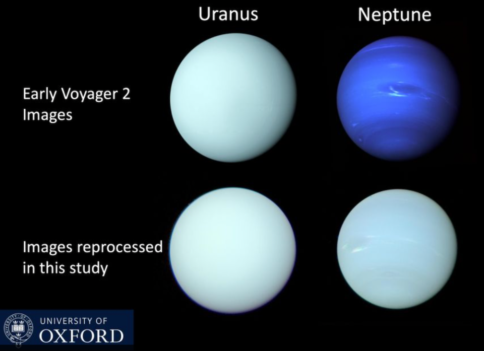 Gegenüberstellung der Voyager-2-Bilder von Neptun und Uranus, wie sie vom Team der Universität Oxford nachbearbeitet wurden. - Copyright: Patrick Irwin, University of Oxford