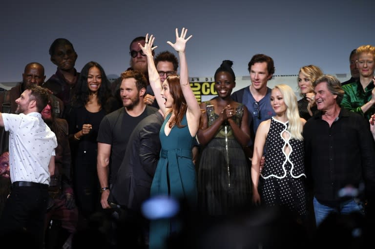 (From L) Marvel Studios President Kevin Feige, director James Gunn and actors attend a presentation during Comic-Con International 2016, at San Diego Convention Center in California, on July 23