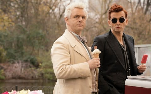 Michael Sheen as Aziraphale, with David Tennant as Crowley - Credit: Chris Raphael