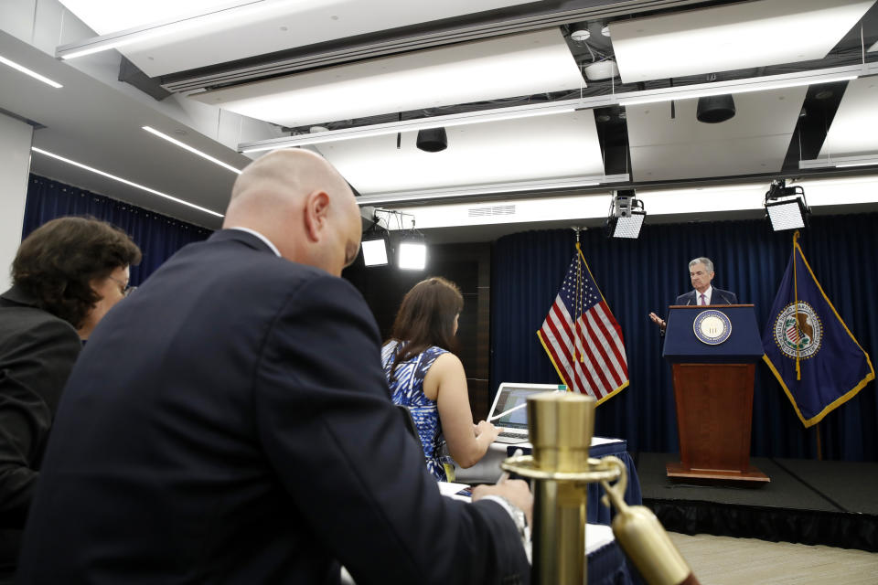 Federal Reserve Chair Jerome Powell speaks during a news conference after the Federal Open Market Committee meeting, Wednesday, June 13, 2018, in Washington. The Federal Reserve is raising its benchmark interest rate for the second time this year and signaling that it may step up its pace of rate increases because of solid economic growth and rising inflation. (AP Photo/Jacquelyn Martin)