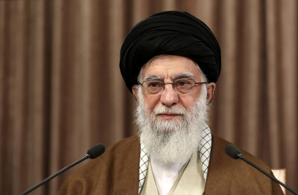 In this photo released by the official website of the office of the Iranian supreme leader, Supreme Leader Ayatollah Ali Khamenei addresses in a televised speech marking the annual Quds, or Jerusalem Day, in Tehran, Iran, Friday, May 22, 2020. Khamenei on Friday called Israel a “cancerous tumor” that “will undoubtedly be uprooted and destroyed” in an annual speech in support of the Palestinians, renewing threats against Iran's Mideast enemy. (Office of the Iranian Supreme Leader via AP)
