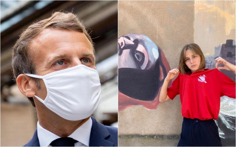法國總統馬克宏（左）回應女大生蘇波（右）的公開信，盼她再撐一下。（翻攝自臉書）