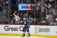 Colorado Avalanche defenseman Cale Makar celebrates his goal against the Tampa Bay Lightning during the third period in Game 2 of the NHL hockey Stanley Cup Final, Saturday, June 18, 2022, in Denver. (AP Photo/John Locher)