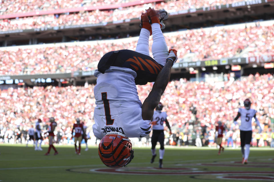 Cincinnati Bengals wide receiver Ja'Marr Chase (1) celebrates after scoring against the San Francisco 49ers during the second half of an NFL football game in Santa Clara, Calif., Sunday, Oct. 29, 2023. (AP Photo/Jed Jacobsohn)