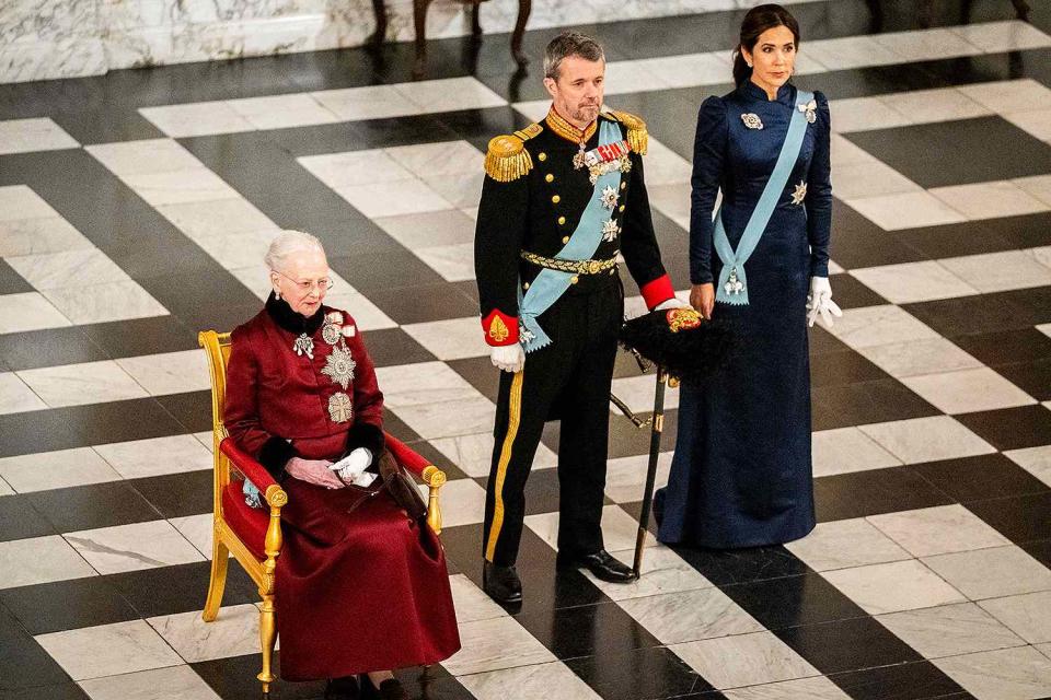 <p>IDA MARIE ODGAARD/Ritzau Scanpix/AFP via Getty Images</p> Queen Margrethe, Crown Prince Frederik and Crown Princess Mary of Denmark on Jan. 3, 2024