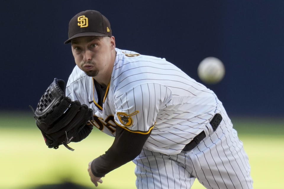 San Diego Padres starting pitcher Blake Snell works against a Los Angeles Dodgers batter during the first inning of a baseball game Saturday, May 6, 2023, in San Diego. (AP Photo/Gregory Bull)