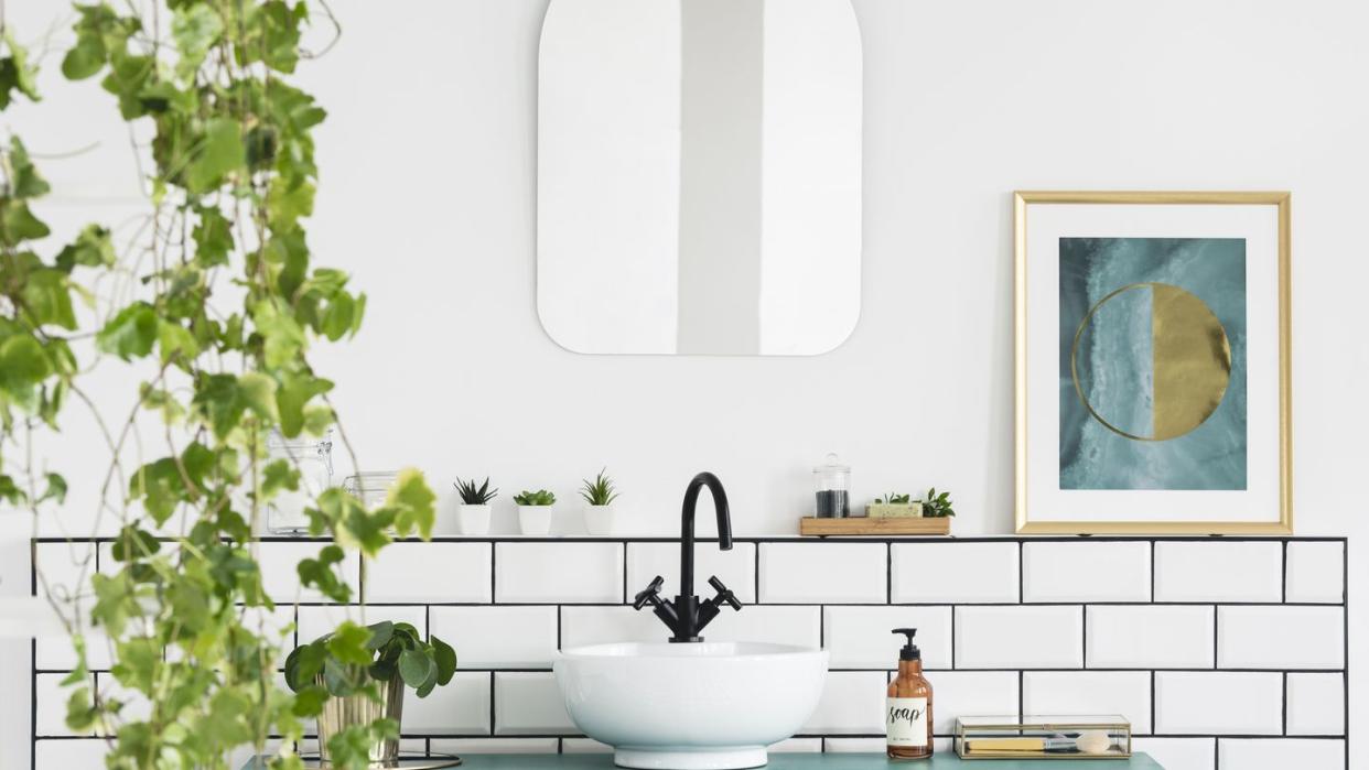 mirror and poster in white bathroom interior with washbasin and plant