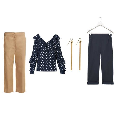 Gold plated chain tassel ear drops, £210, Tay (byrory.com) Elasticated-back cotton chino trousers, £225, Raey (matchesfashion.com) Cropped cotton navy poplin trousers, £59 (cosstores.com) Hazel polka dot frill blouse, £85 (kitristudio.com)