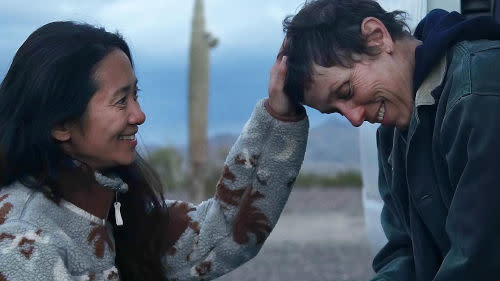 Chloe Zhao with actress Frances McDormand during the making of 'Nomadland' 