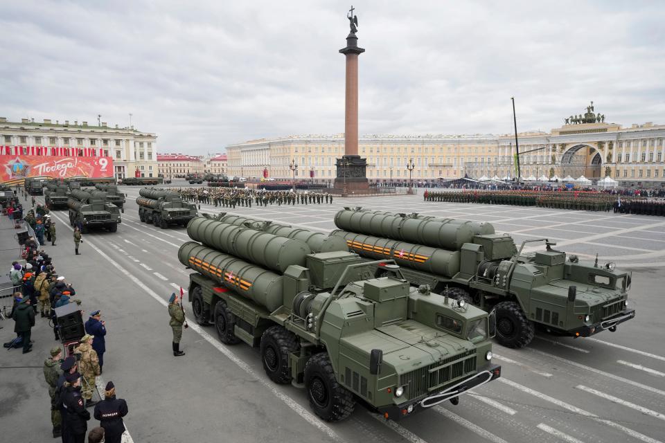 Russian S-400 anti-aircraft missile system launchers displayed during a rehearsal for the Victory Day military parade in 2022 (AP)