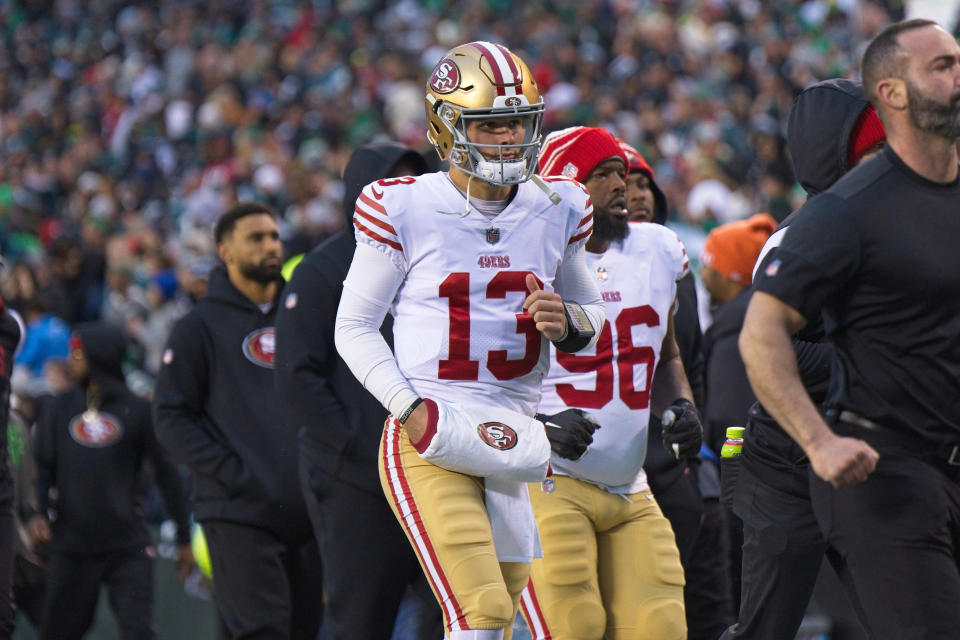 Brock Purdy injured his elbow in the NFC title game but still had to play. (Photo by Andy Lewis/Icon Sportswire via Getty Images)