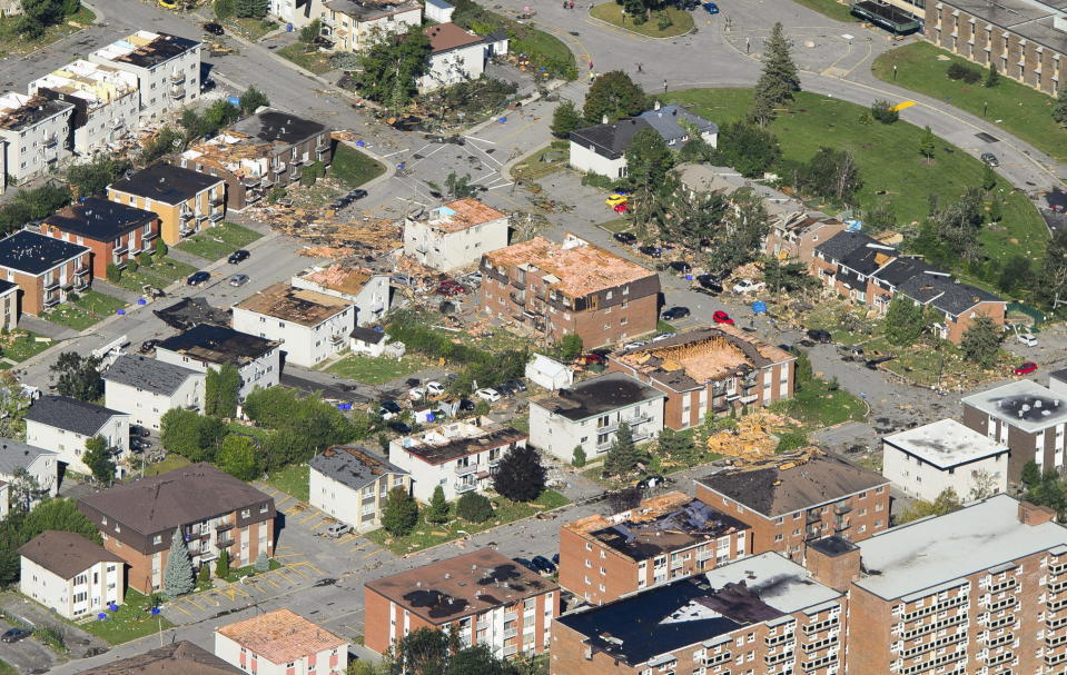 <p>Damage from a tornado is seen in Gatineau, Que. on Saturday, Sept. 22, 2018. The storm tore roofs off of homes, overturned cars and felled power lines in the Ottawa community of Dunrobin and in Gatineau, Que. (Photo from Sean Kilpatrick/The Canadian Press) </p>