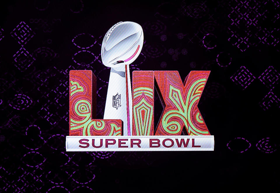 LAS VEGAS, NEVADA - FEBRUARY 12: The Logo for Super Bowl LIX in New Orleans is shown on a television screen during a Super Bowl Host Committee handoff news conference at the Mandalay Bay Convention Center on February 12, 2024 in Las Vegas, Nevada. (Photo by Ethan Miller/Getty Images)