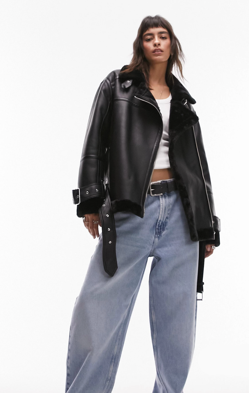 Topshop faux leather shearling oversized aviator biker jacket ASOS