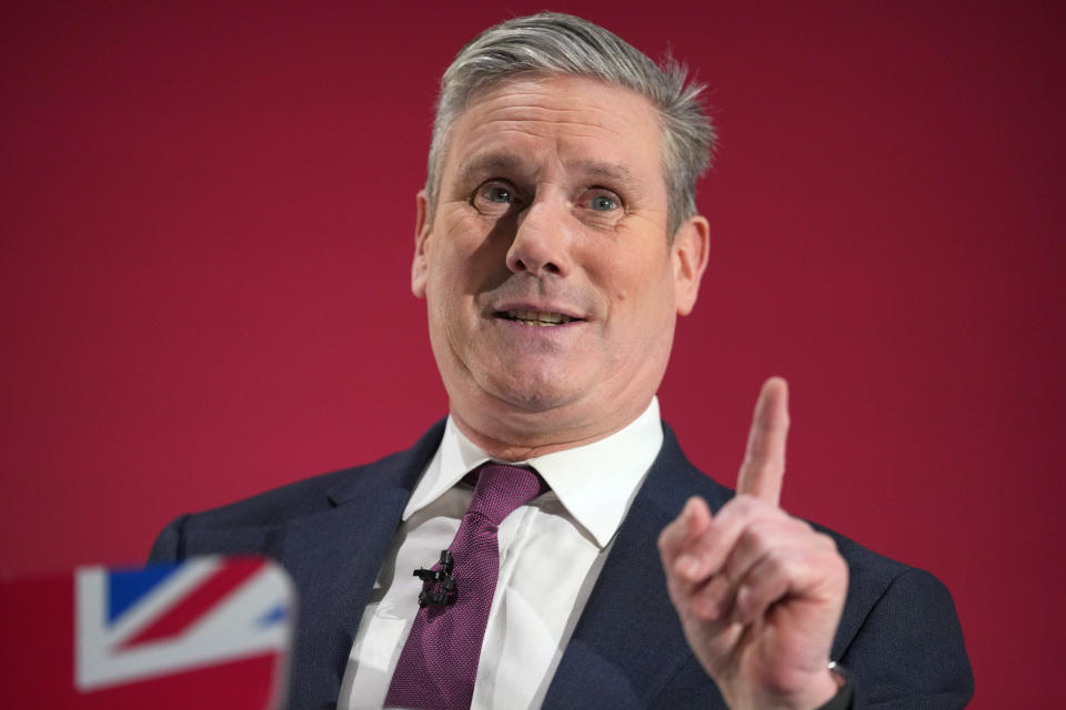 Keir Starmer, Leader of Britain's opposition Labour Party delivers a speech at a business conference in London, Thursday, Feb. 1, 2024. 400 senior business leaders will be in attendance for speeches, panels and roundtables at the Labour Business Conference. (AP Photo/Kirsty Wigglesworth)