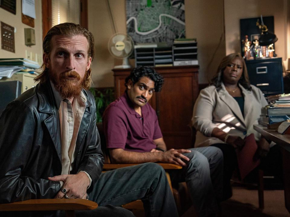 Austin Amelio, Sanjay Rao, and Retta as New Orleans detectives Jasper, Phil, and Claudette in "Hit Man."