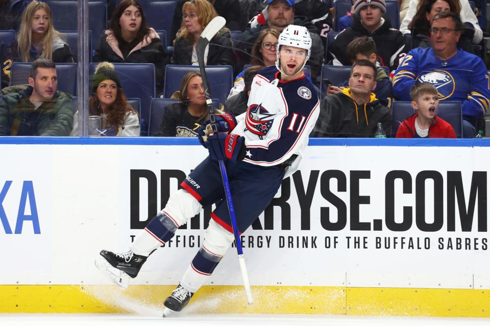 Columbus Blue Jackets center Adam Fantilli (11) celebrates after his goal during the second period of an NHL hockey game against the Buffalo Sabres, Saturday, Dec. 30, 2023, in Buffalo, N.Y. (AP Photo/Jeffrey T. Barnes)