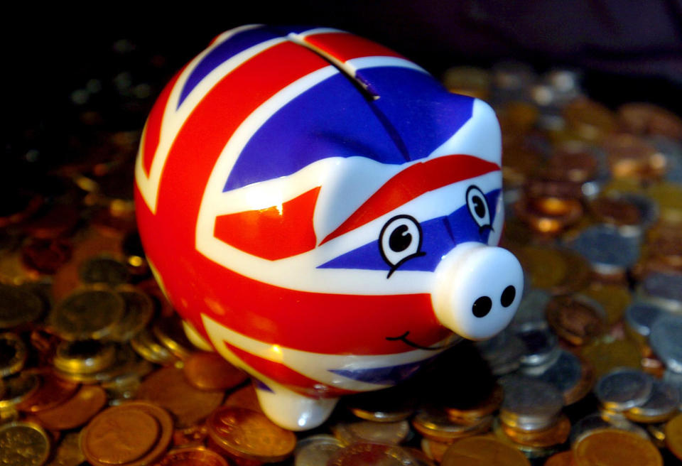 A Union Jack piggy bank on the day the UK officially went into recession. 