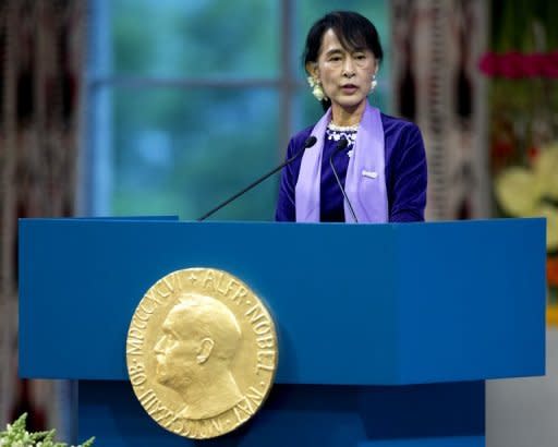 Nobel peace prize laureate, Myanmar opposition leader Aung San Suu Kyi gives her Nobel lecture in Oslo. Suu Kyi pledged to keep up her struggle for democracy as she finally delivered her Nobel Peace Prize speech, 21 years after winning the award while under house arrest