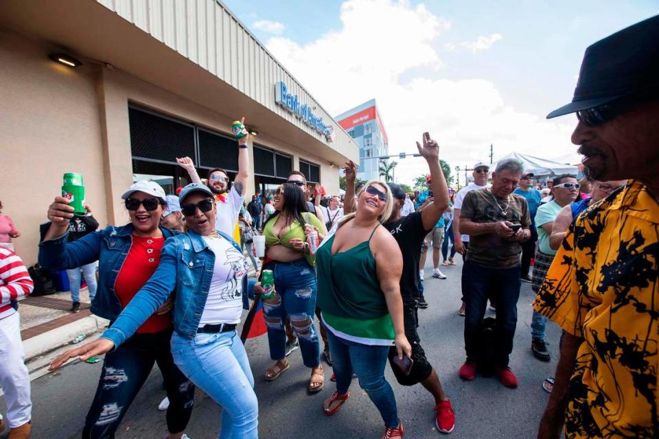 A group of women dance during the Calle Ocho festival in Little Havana on Sunday, March 13, 2022.