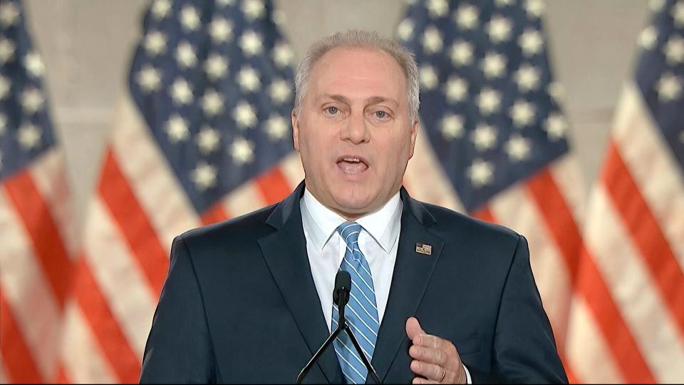 House Minority Whip Steve Scalise does not think House Minority Leader Kevin McCarthy should resign over the leaked audio recordings. His sole focus "is on working with his colleagues to stop the radical Democrat agenda," a spokesperson said. This image shows Scalise during the first night of the Republican National Convention on Monday, Aug. 24, 2020.