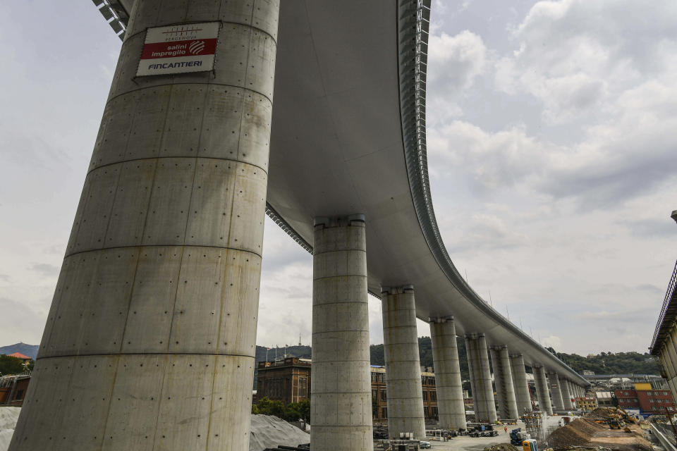 A view of the new San Giorgi Bridge being inaugurated in Genoa, Italy, Monday, Aug. 3, 2020. A large section of the old Morandi bridge collapsed on Aug. 14, 2018, killing 43 people and forcing the evacuation of nearby residents from the densely built-up area. (Gian Mattia D'Alberto/LaPresse via AP)