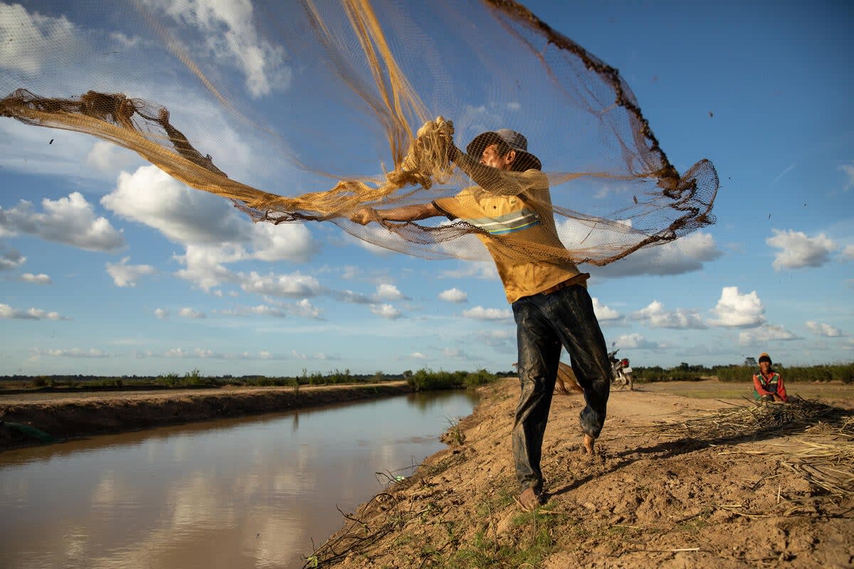 Farmer Deur Sok casts a fishing net across a canal facilitated by WFP in Sambour Commune, in Cambodia’s Kampong Thom province (WFP/Samantha Reinders)
