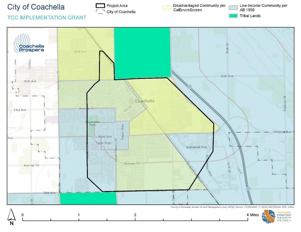 The project area for Coachella Prospera, which was awarded over $22 million in state funding for housing, transit, and parks, among other projects.