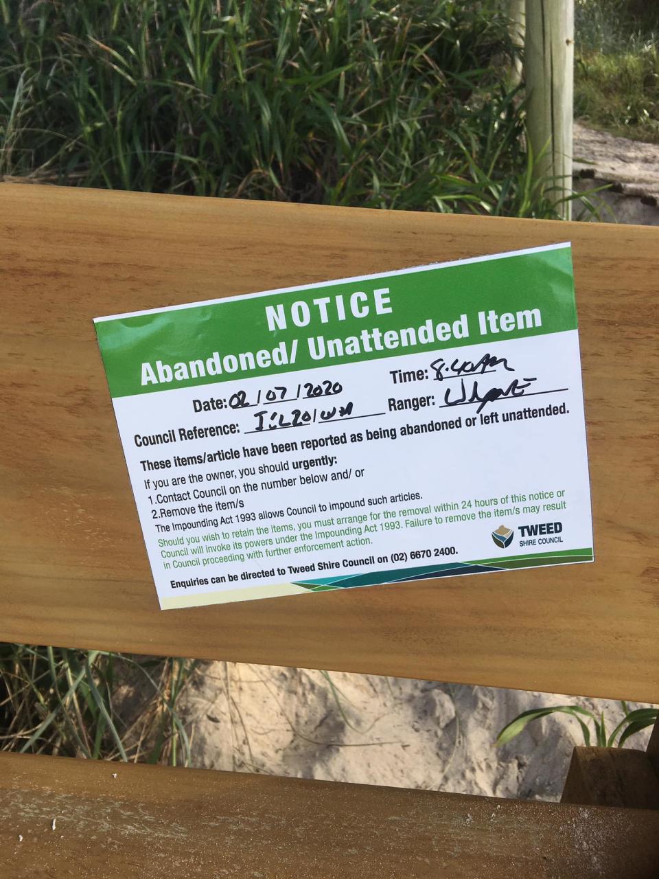 Photo shows a council sticker on one of the benches which says: 'Notice: Abandoned/Unattended Items' asking for them to be picked up urgently. Source: Supplied