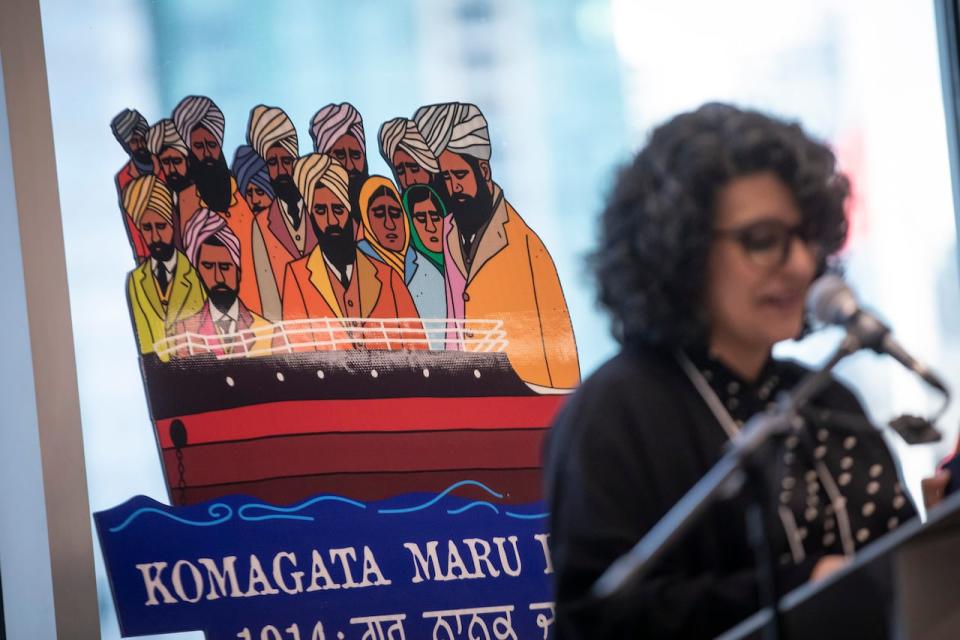 Artist Jag Nagra is pictured during a ceremony unveiling the honorary street signage for Komagata Maru Place in downtown Vancouver, British Columbia on Friday, February 9, 2024.
