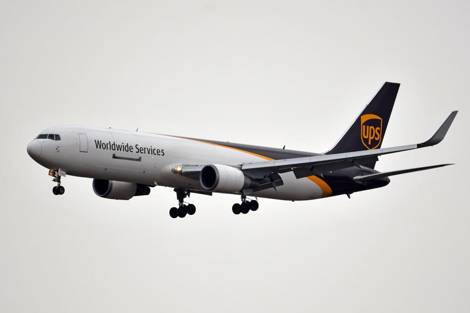 A UPS Boeing 767 flies by during the 2021 Thunder Air Show at Bowman Field, Saturday, Apr. 17, 2021 in Louisville Ky.