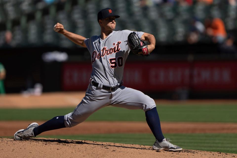 Detroit Tigers starting pitcher Garrett Hill (50) pitches during the first inning against the Oakland Athletics at RingCentral Coliseum.