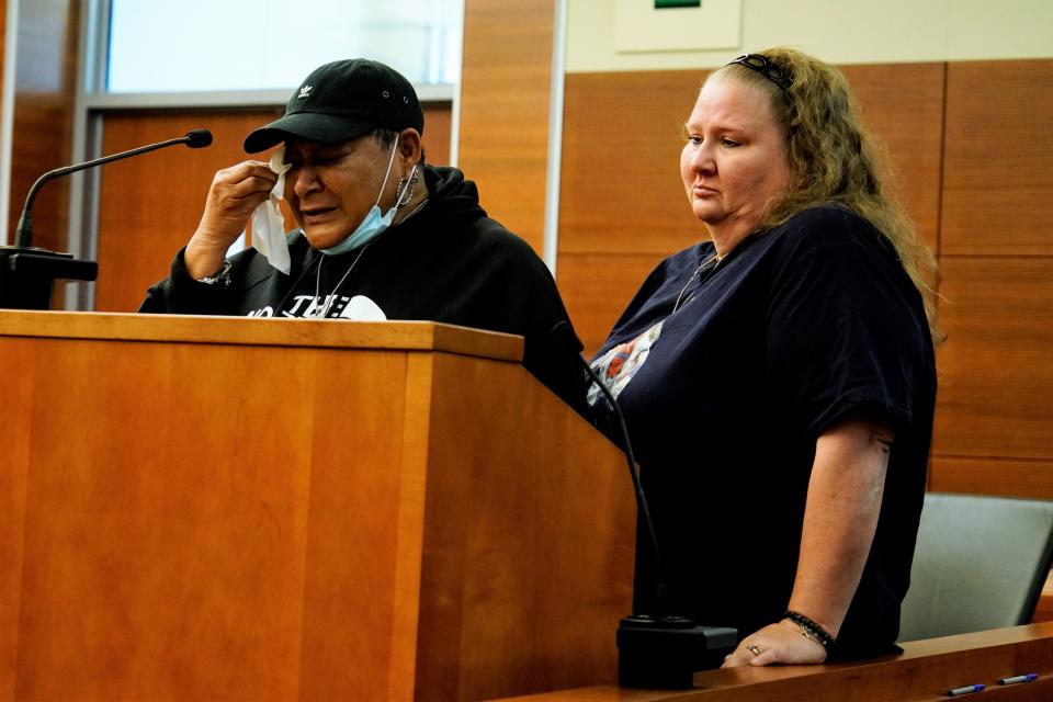 Mattie Mae Jefferson, left, fought back tears Monday, Nov. 6, 2023, as she spoke at the sentencing hearing in Franklin County Common Pleas Court for Jermaine King, 42, convicted of murder in the fatal shooting of Jefferson's son, 51-year-old Lawrence Jefferson on April 26, 2022, outside the barbership where Jefferson worked. Jefferson's survivors also include his wife, Danille, seen here at right, and five children.