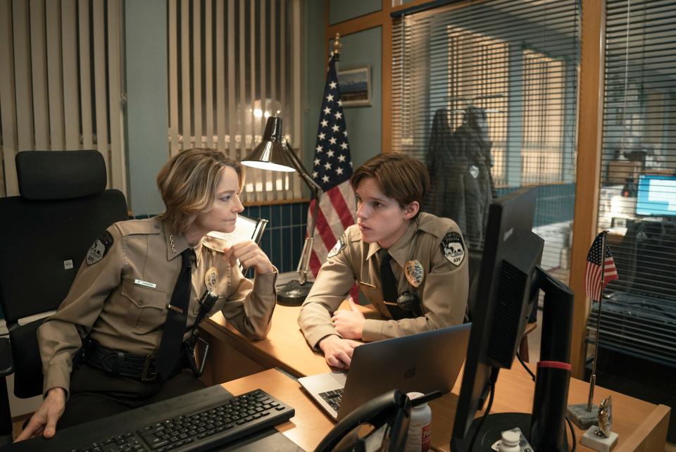 Jodie Foster as Chief Liz Danvers and Finn Bennett as Peter Prior in "True Detective: Night Country."